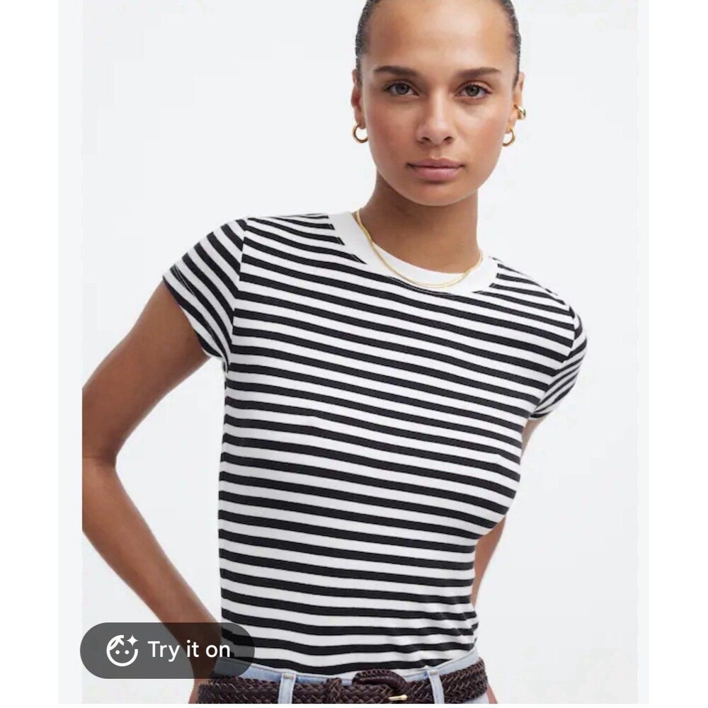 Madewell Top Womens Small Crew Neck Vintage Black White Striped Tee Shirt